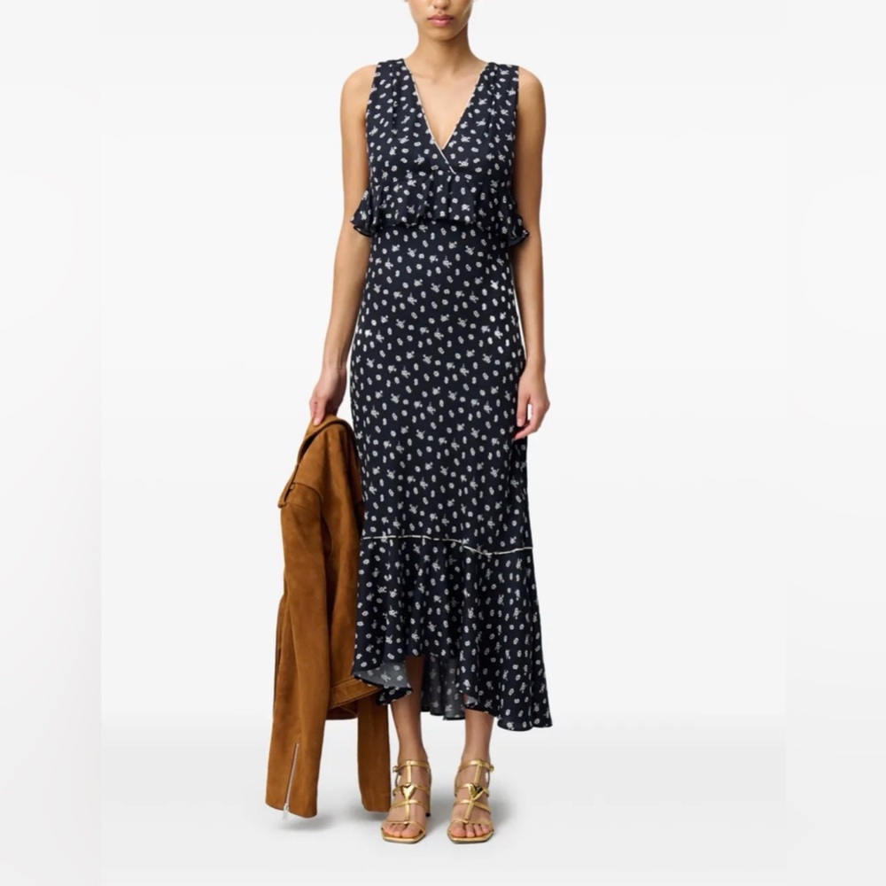 Navy Floral Midi Dress with Ruffle V-Neck